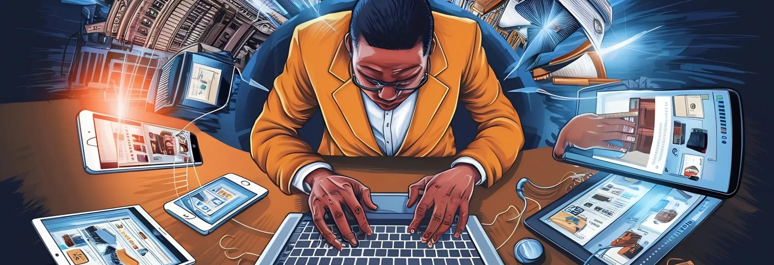 Person typing on laptop with tablets and smartphones showing digital interfaces on a blue-toned background