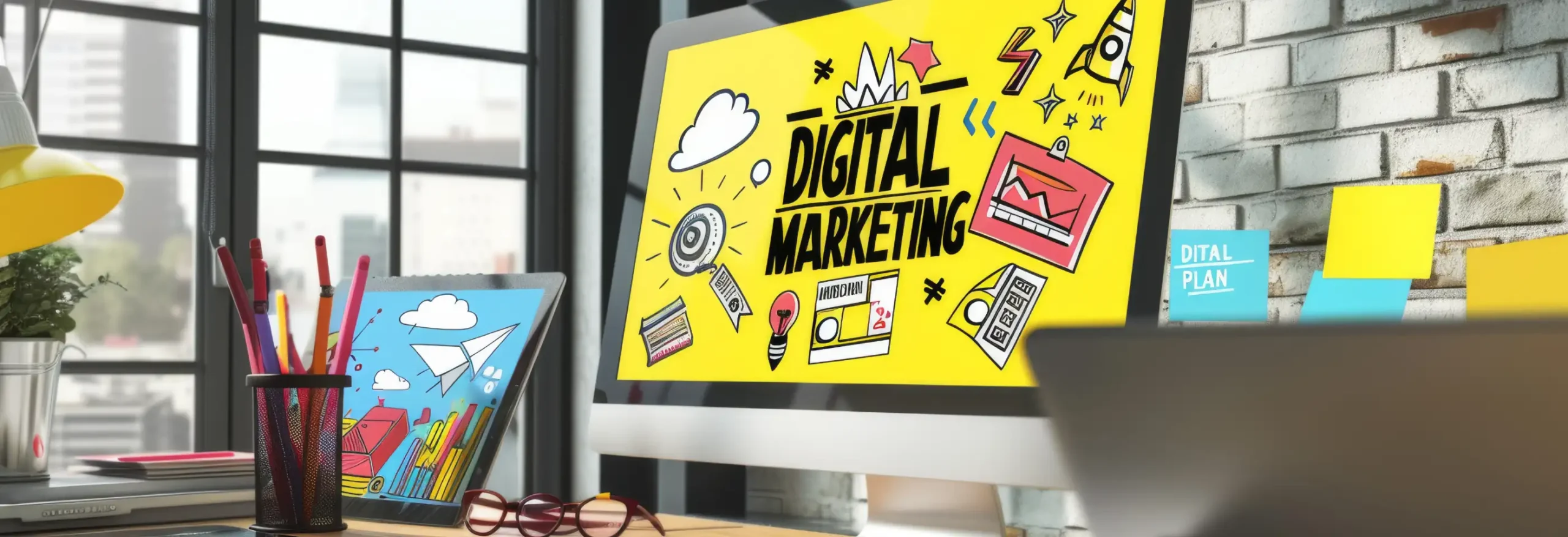 Computer monitor displaying "DIGITAL MARKETING" with rockets, lightbulbs, and cloud icons on yellow screen