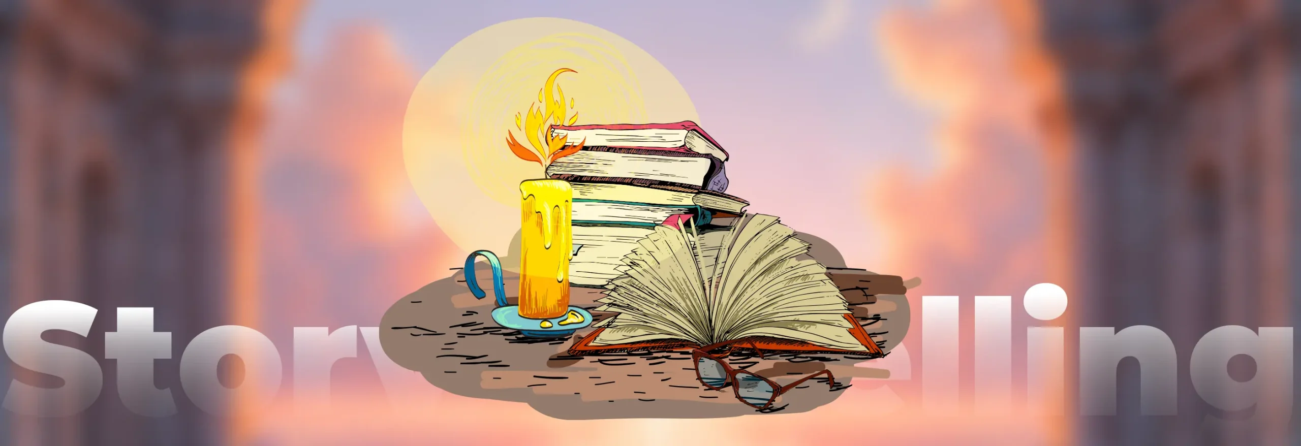 Open book with glasses and candle beside stacked books, symbolizing storytelling and narrative design that connects with audiences.