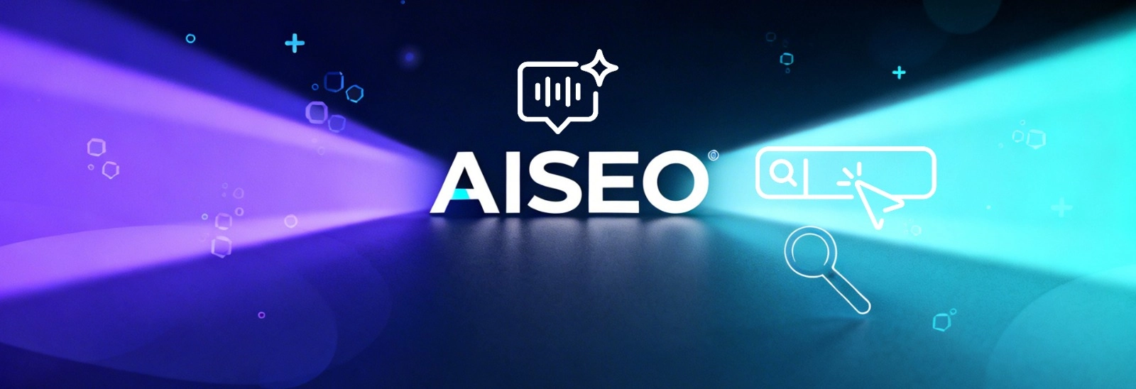 AISEO text with purple and cyan light beams and icons for voice, search, and magnifying glass