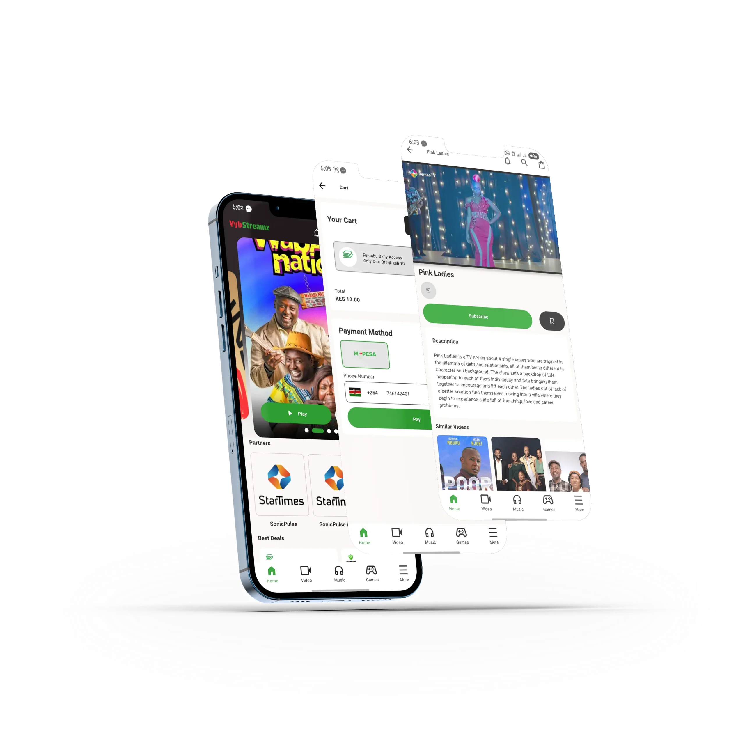 VybStreamz platform showing multiple content pages including podcasts, movies, and music celebrating local culture