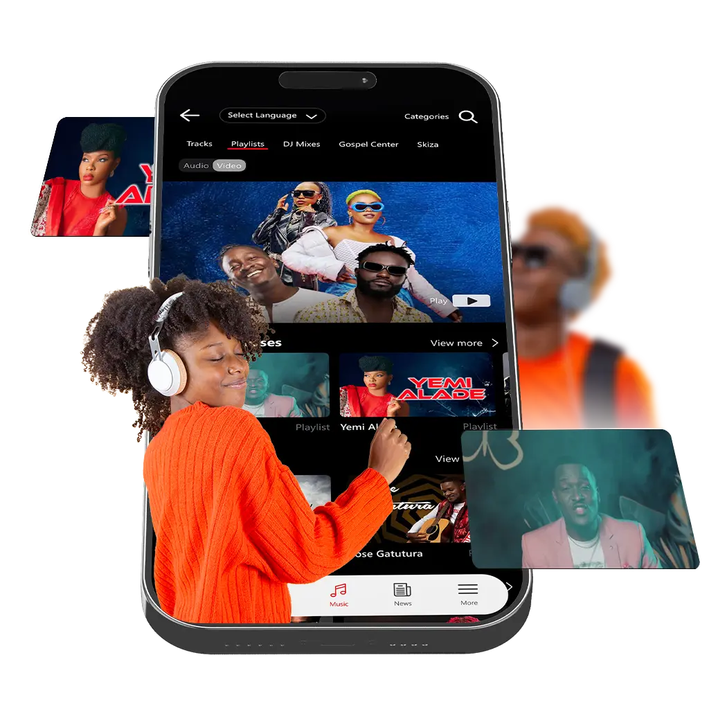 Viusasa app showing music playlists with user enjoying immersive listening experience and featured artists