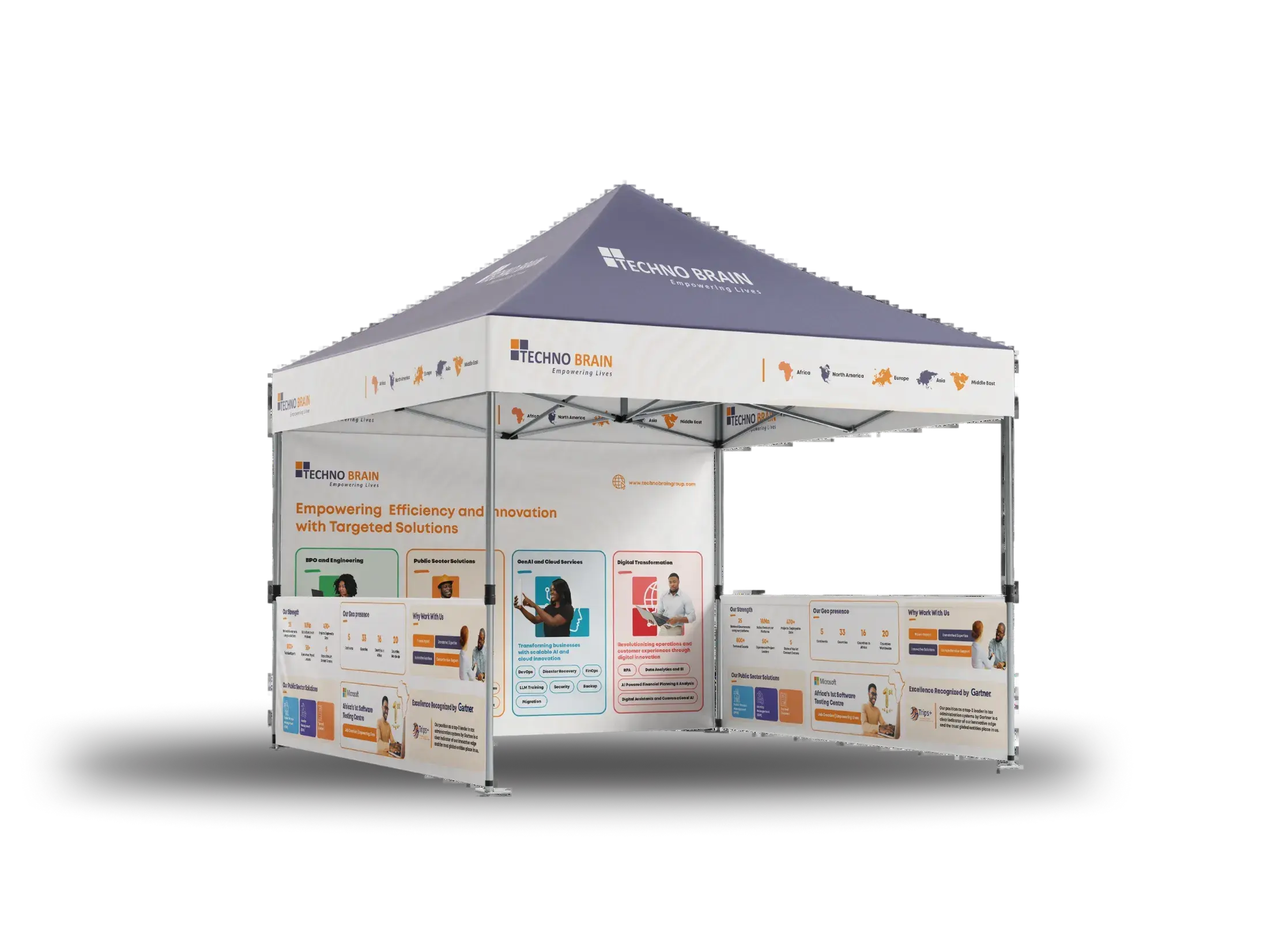 Techno Brain branded exhibition tent with logo, Empowering Lives tagline, and panels showing core services