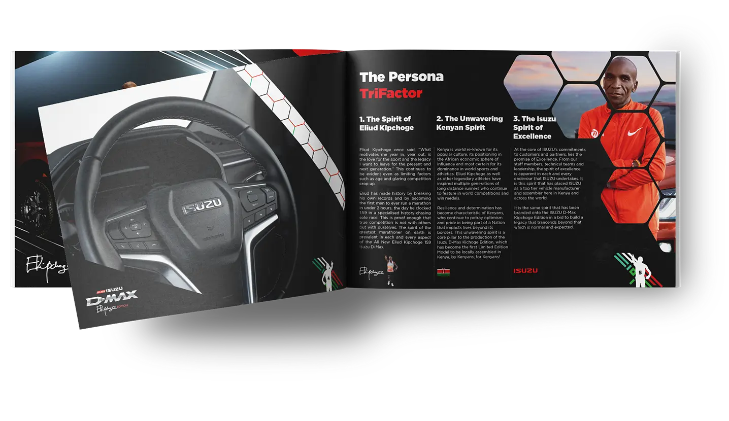 Two-page Isuzu D-MAX Eliud Kipchoge Edition spread showing steering wheel, Eliud Kipchoge portrait, and Kenyan-inspired graphics