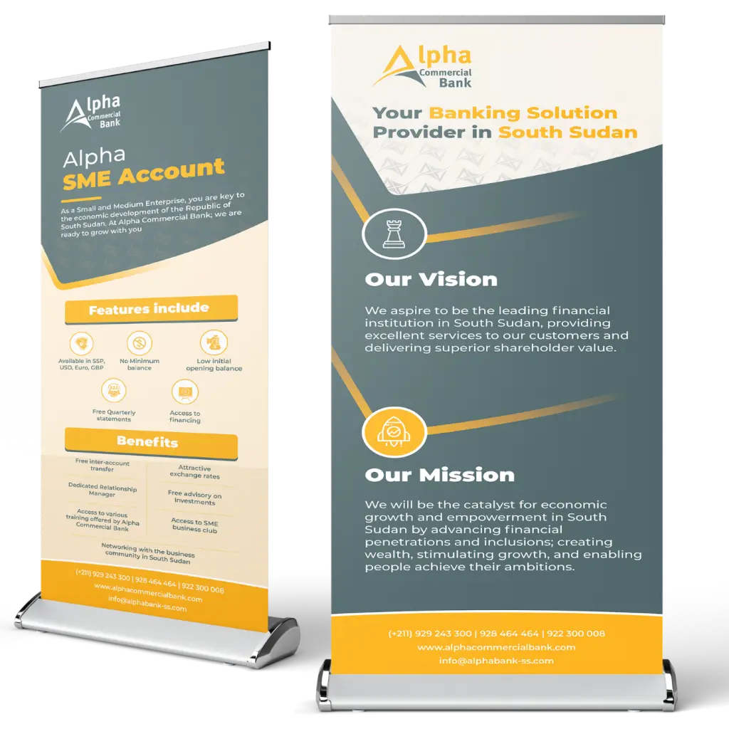 Two Alpha Commercial Bank roll-up banners showing SME account features and the bank's vision and mission in South Sudan