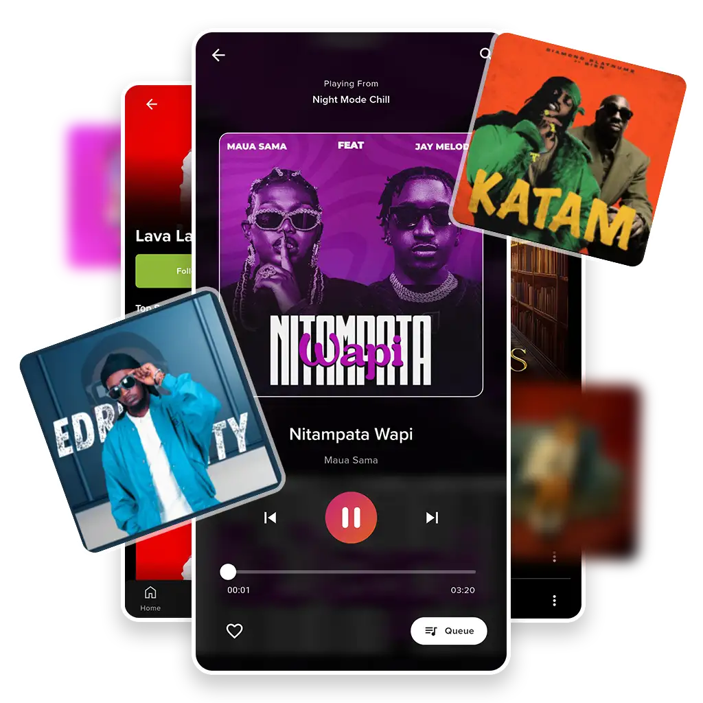 Smartphone showing Baze music player with floating song and album covers