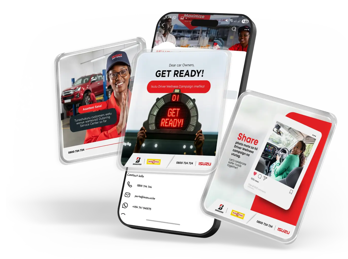 Mobile phone with floating screens promoting Isuzu Driver Wellness Campaign and service center appreciation