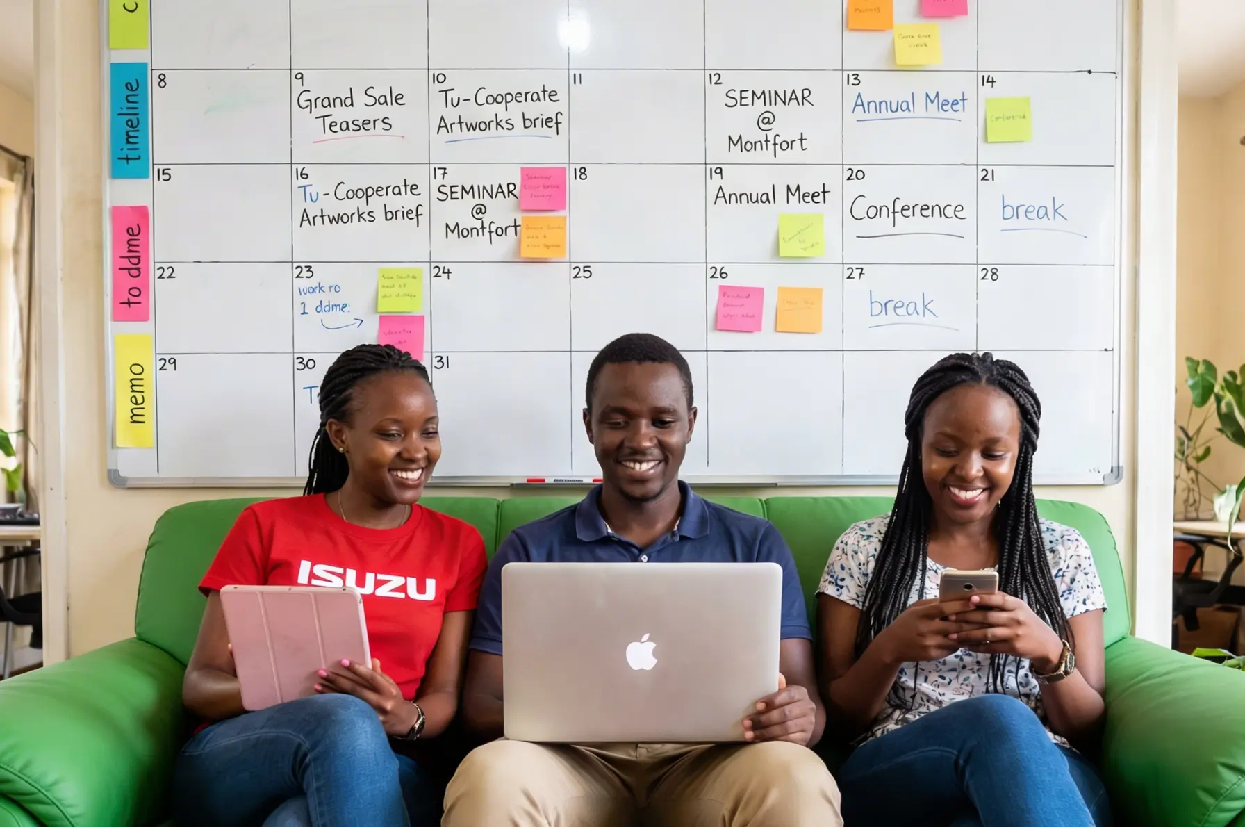 Three people on green sofa using devices in front of whiteboard calendar with events and colorful sticky notes