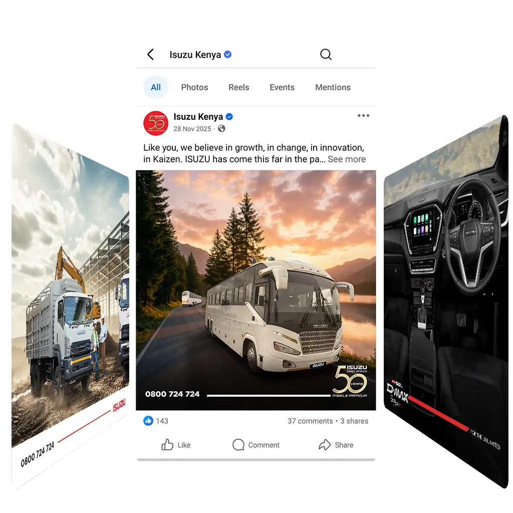 Isuzu Kenya vehicle sales collage showing a luxury bus post, commercial truck at a site, and vehicle dashboard