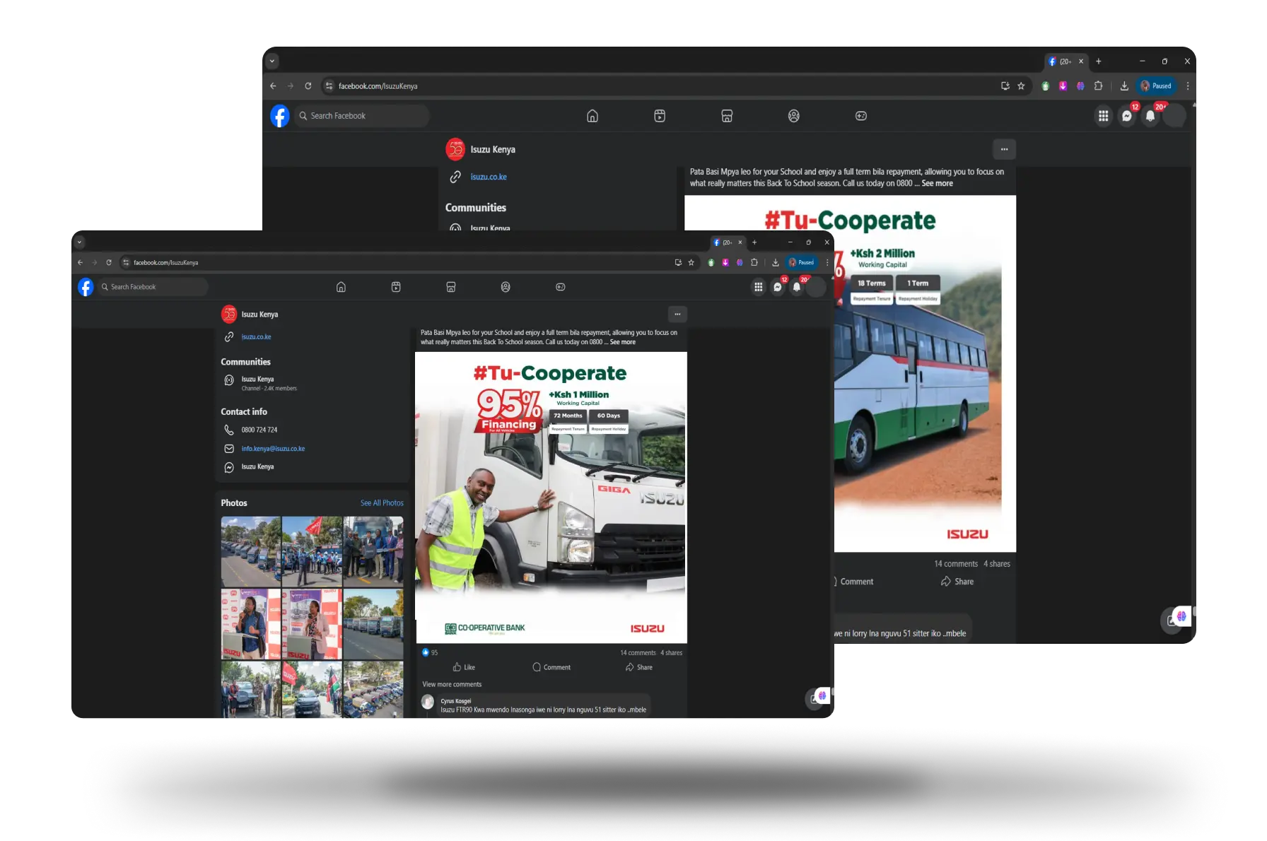 Isuzu Kenya Facebook page showing posts about tucooperate financing
