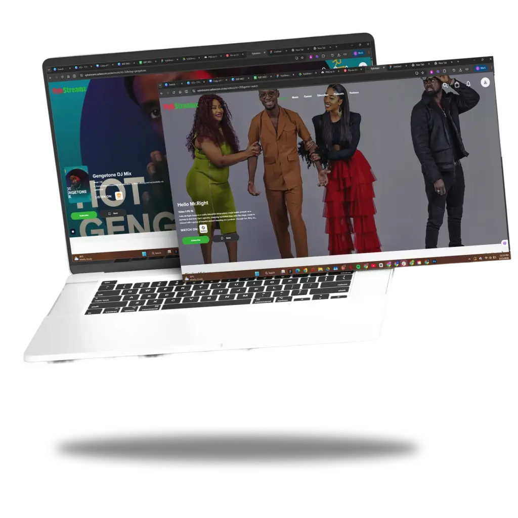 VybStreamz laptop interface showing reality show Hello Mr. Right and a Gengetone DJ Mix in floating windows